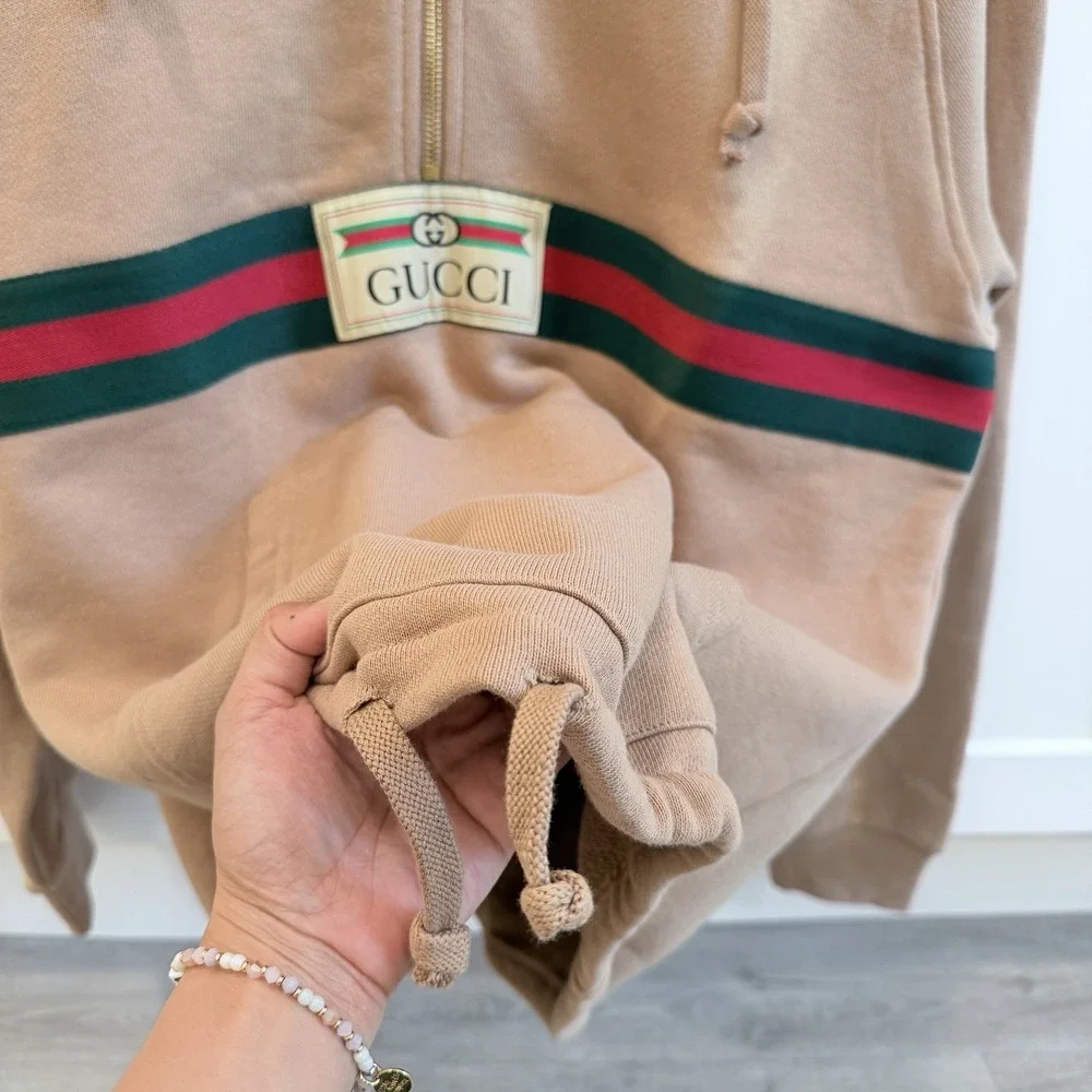 Gucci Half‎ Zip Hoodie Web Stripe Logo Patch Beige Pink Cotton Size S Italy